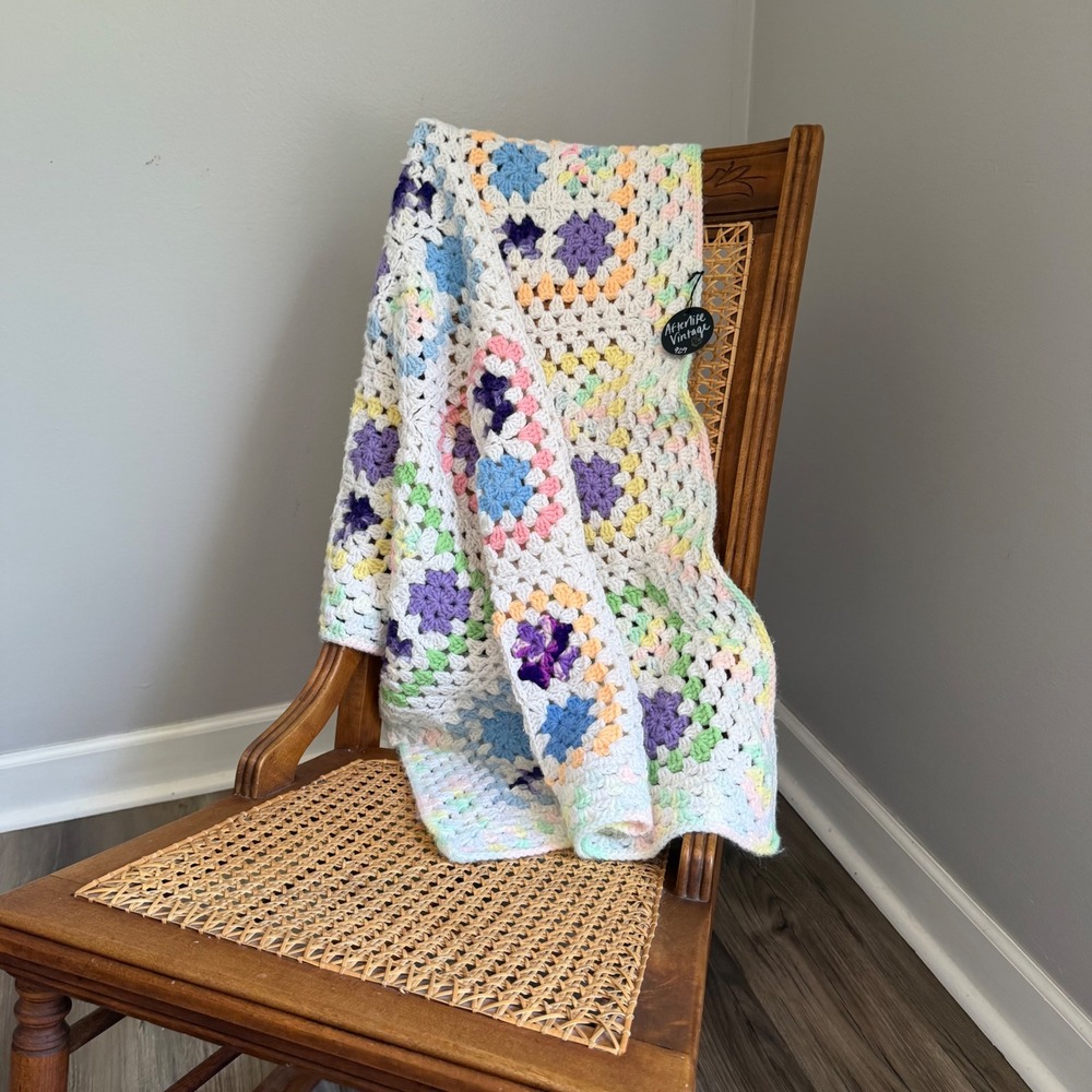 Handmade Crochet Granny Square Pastel Baby Blanket Vintage Patchwork Throw 33x42